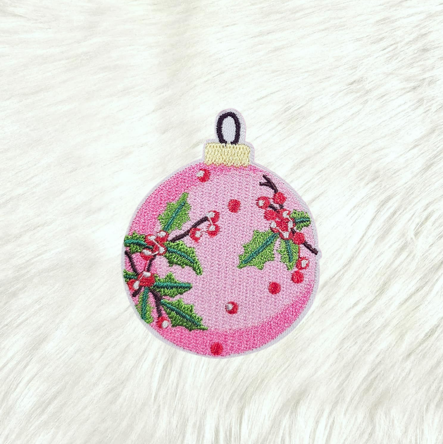 Pink Ornament Christmas Holly Berries Embroidery Iron On Patch