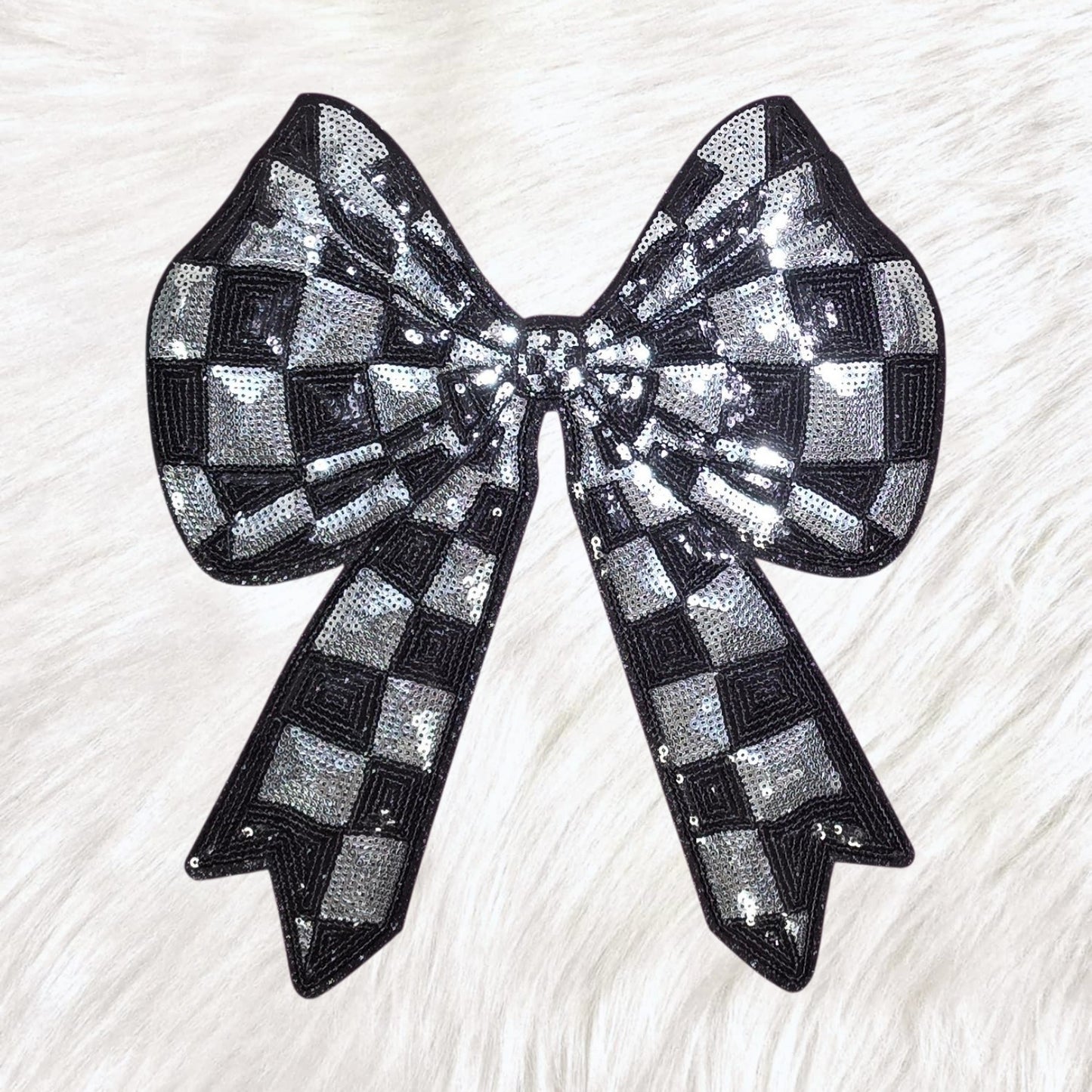 Checkered Bow Black and Silver Sequin Black Glitter Large Iron On Patch