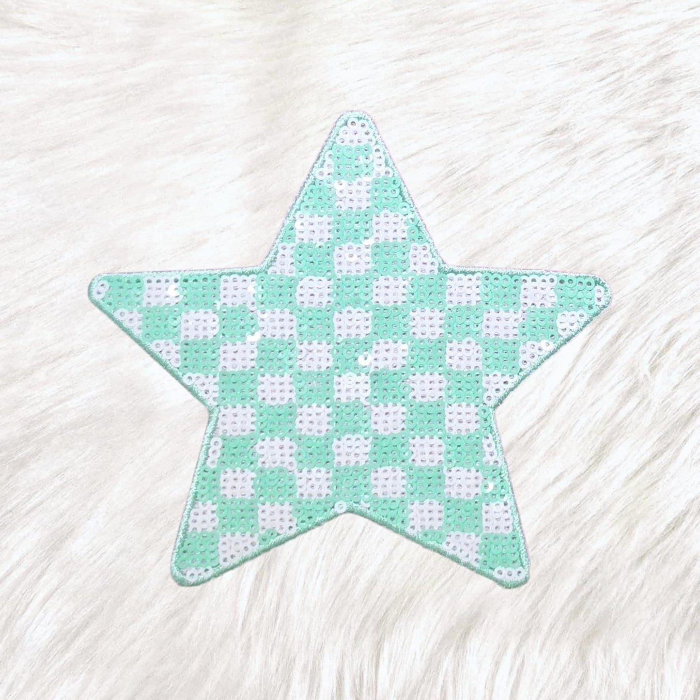 Checkered Star Minty Green and White Sequin Iron On Patch