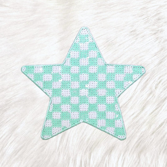 Checkered Star Minty Green and White Sequin Iron On Patch
