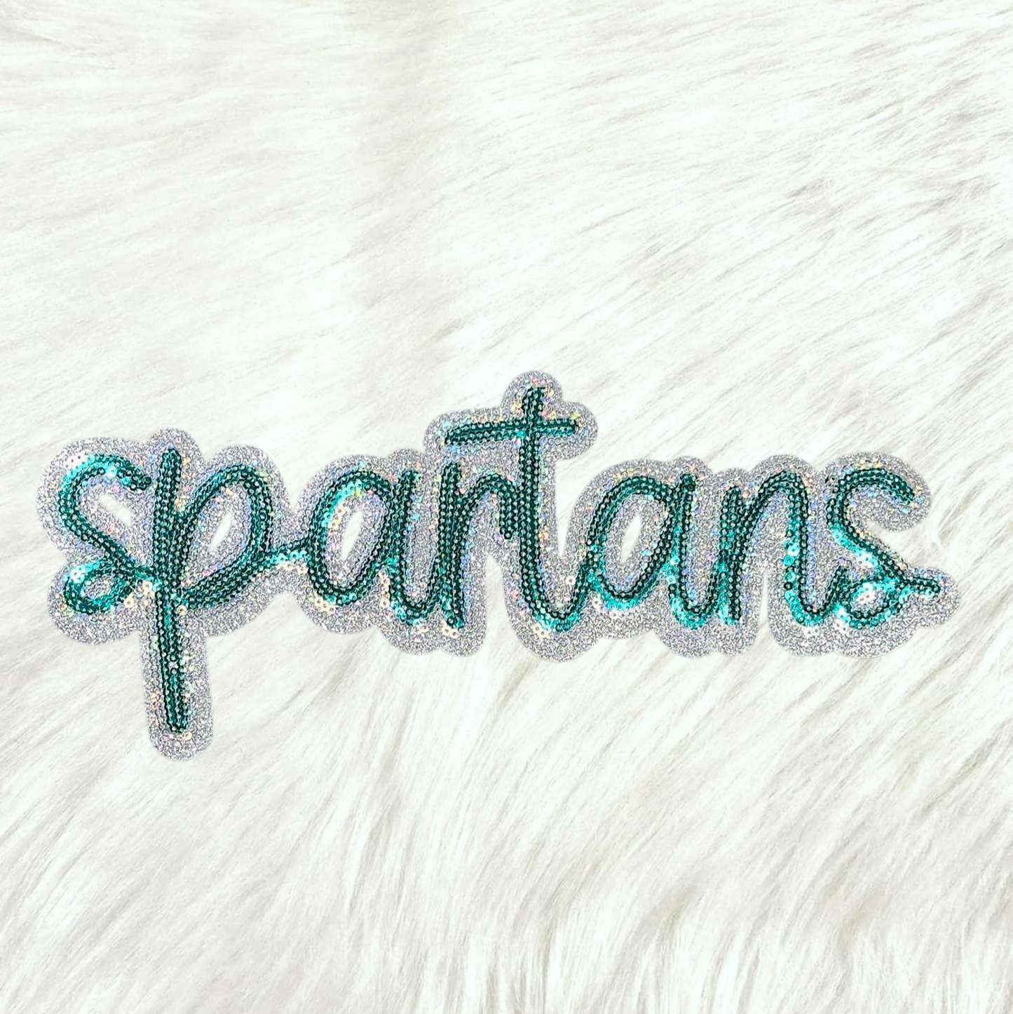 Spartans Cursive Green Sequin Large Iron On Patch