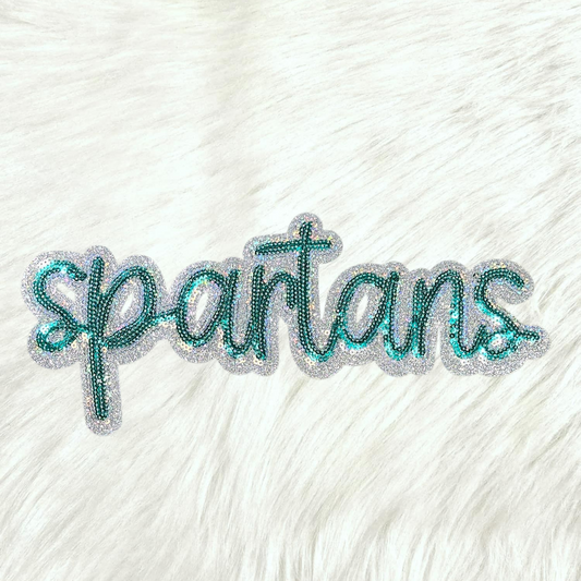 Spartans Cursive Green Sequin Large Iron On Patch