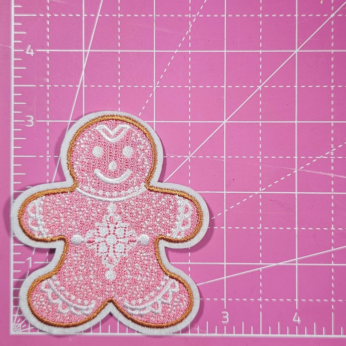 Gingerbread Man Pink with White Royal Icing Embroidery Iron On Patch