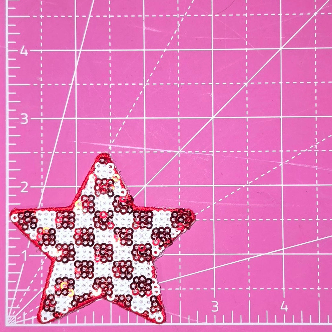Checkered Star Small Red White Sequin Iron On Patch