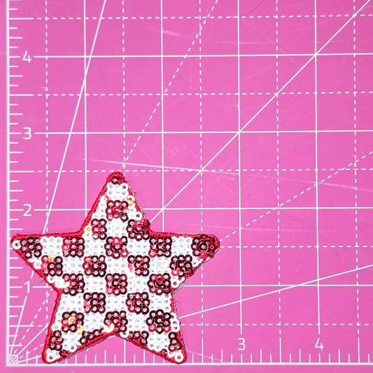 Checkered Star Small Red White Sequin Iron On Patch