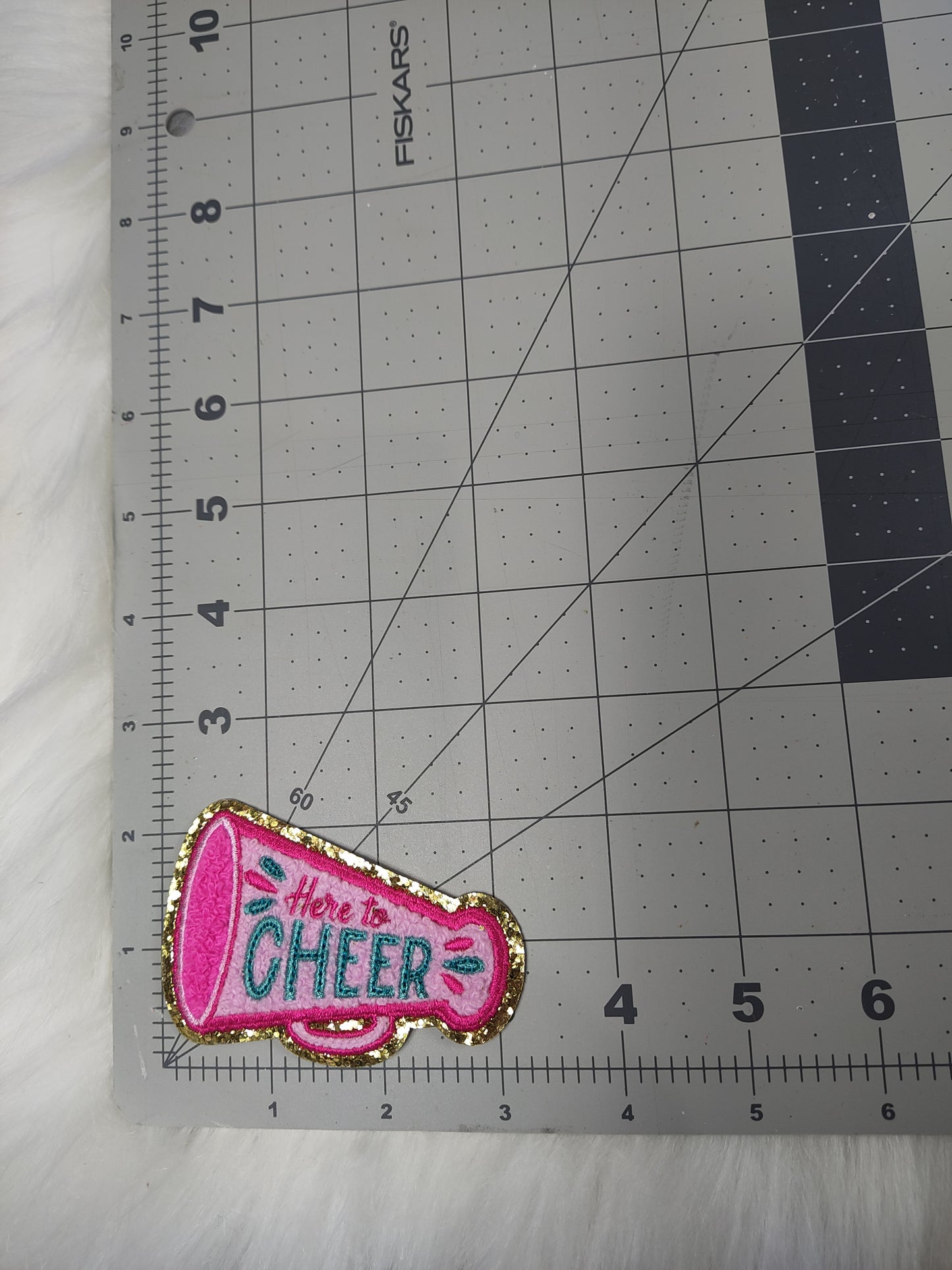 'Here to Cheer' Megaphone Pink Iron On Patch With Gold Glitter