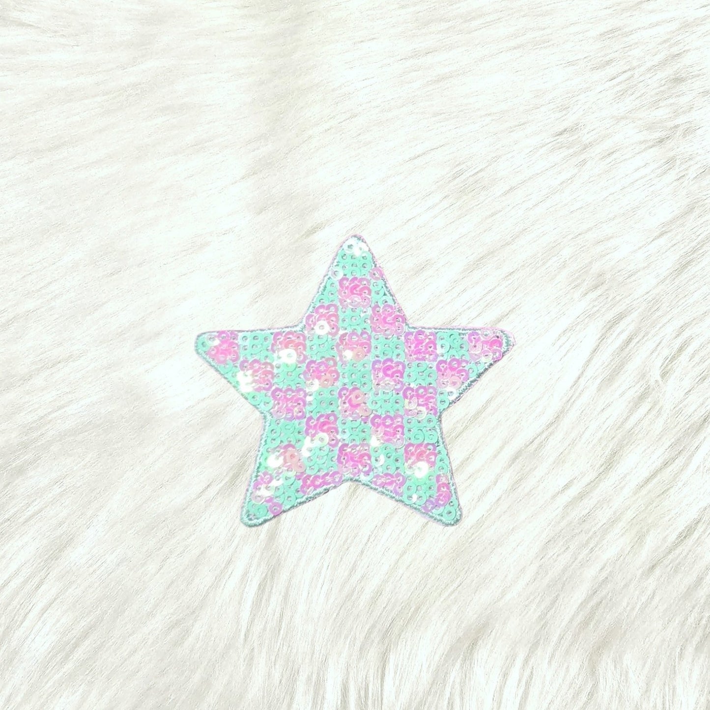 Checkered Star Small Green Pink Sequin Iron On Patch