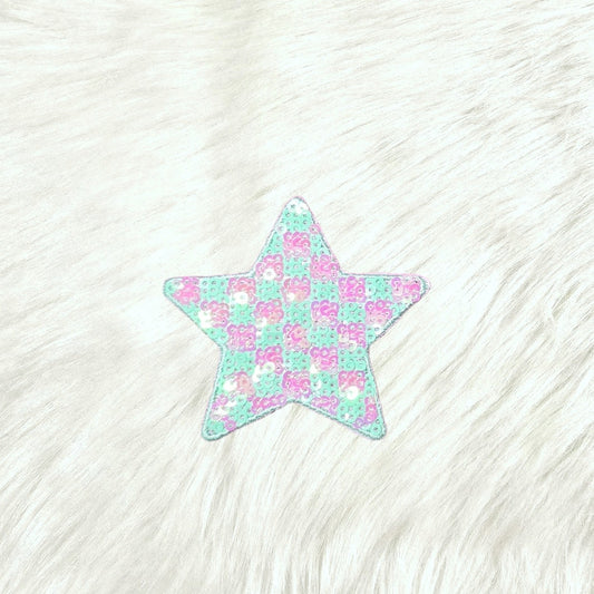 Checkered Star Small Green Pink Sequin Iron On Patch