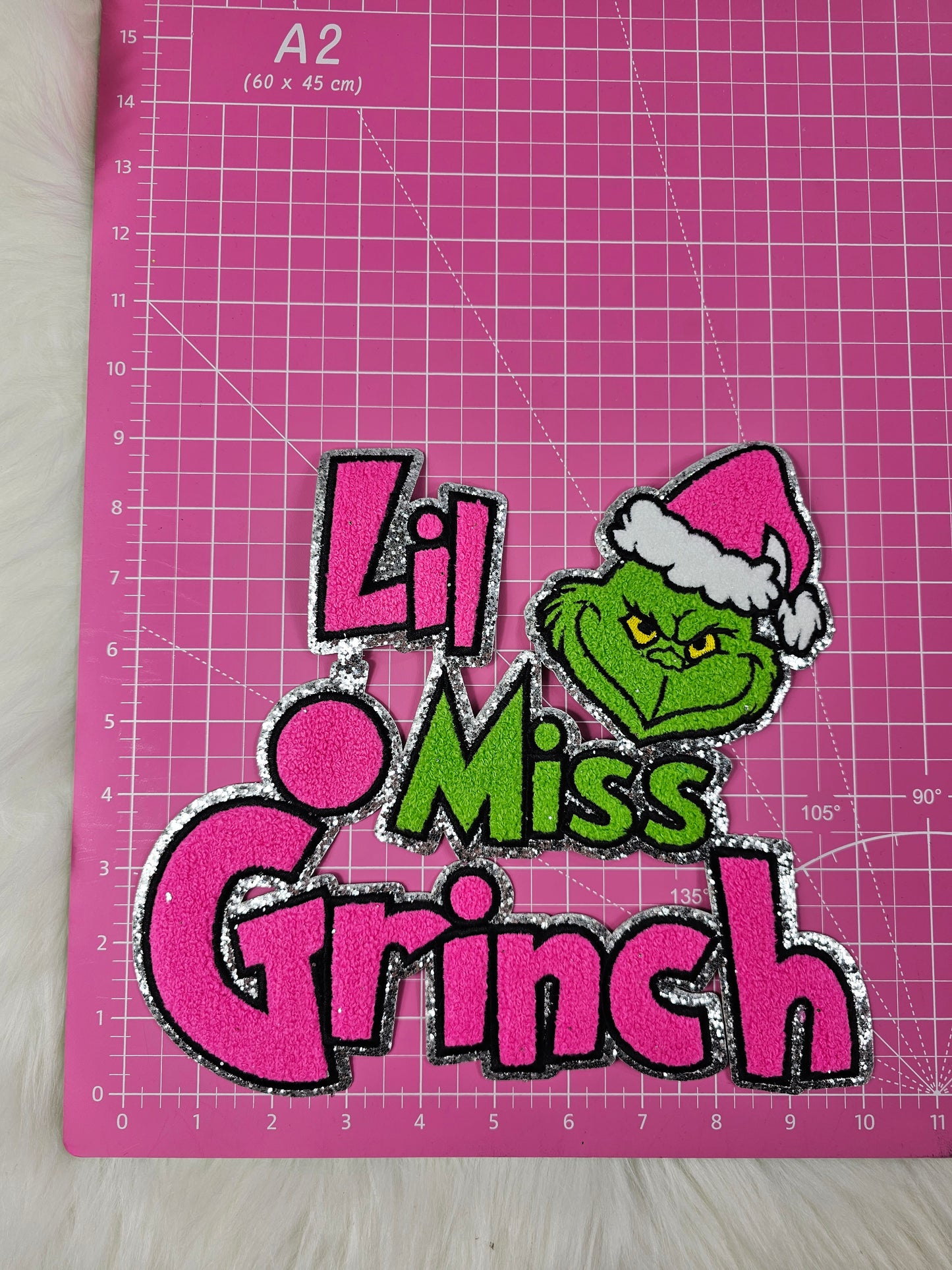 Lil Miss Grinchy Chenille Silver Glitter Iron-on Patch