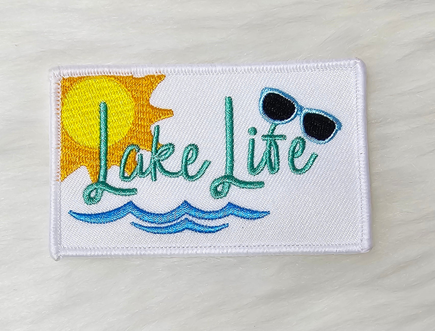 'Lake Life' Boat and Sun Embroidery Iron On Patch