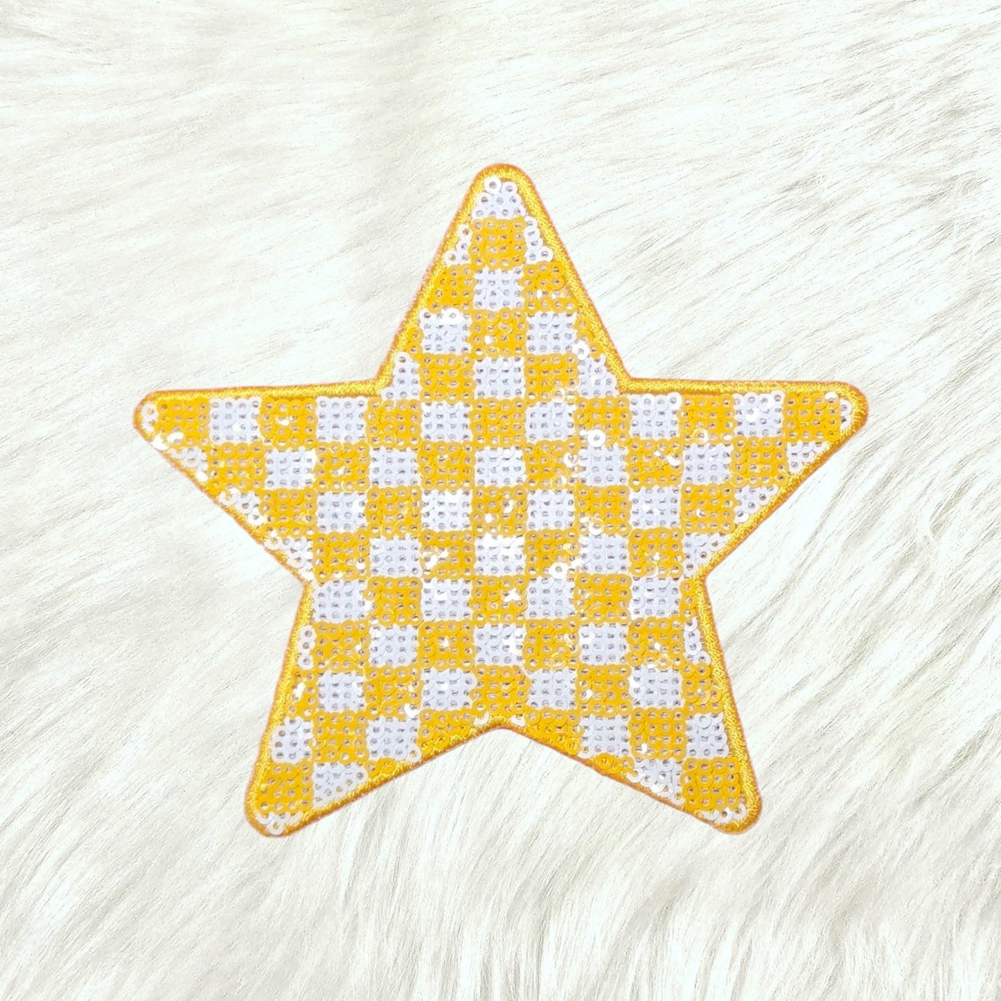 Checkered Star Yellow and White Sequin Iron On Patch