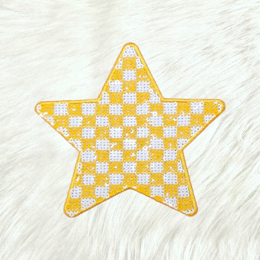 Checkered Star Yellow and White Sequin Iron On Patch