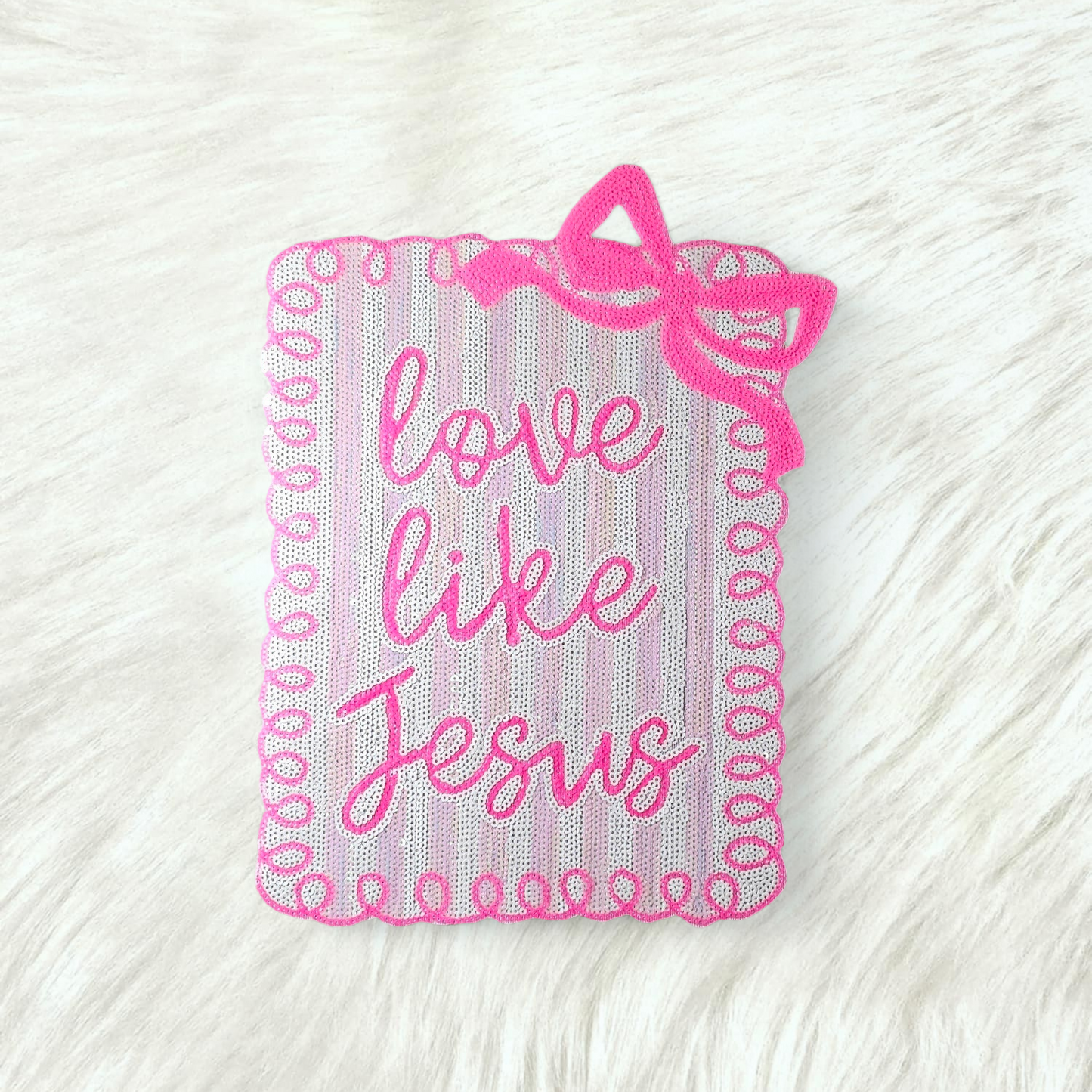 Love Like Jesus Striped Bow Sequin Large Iron On Patch