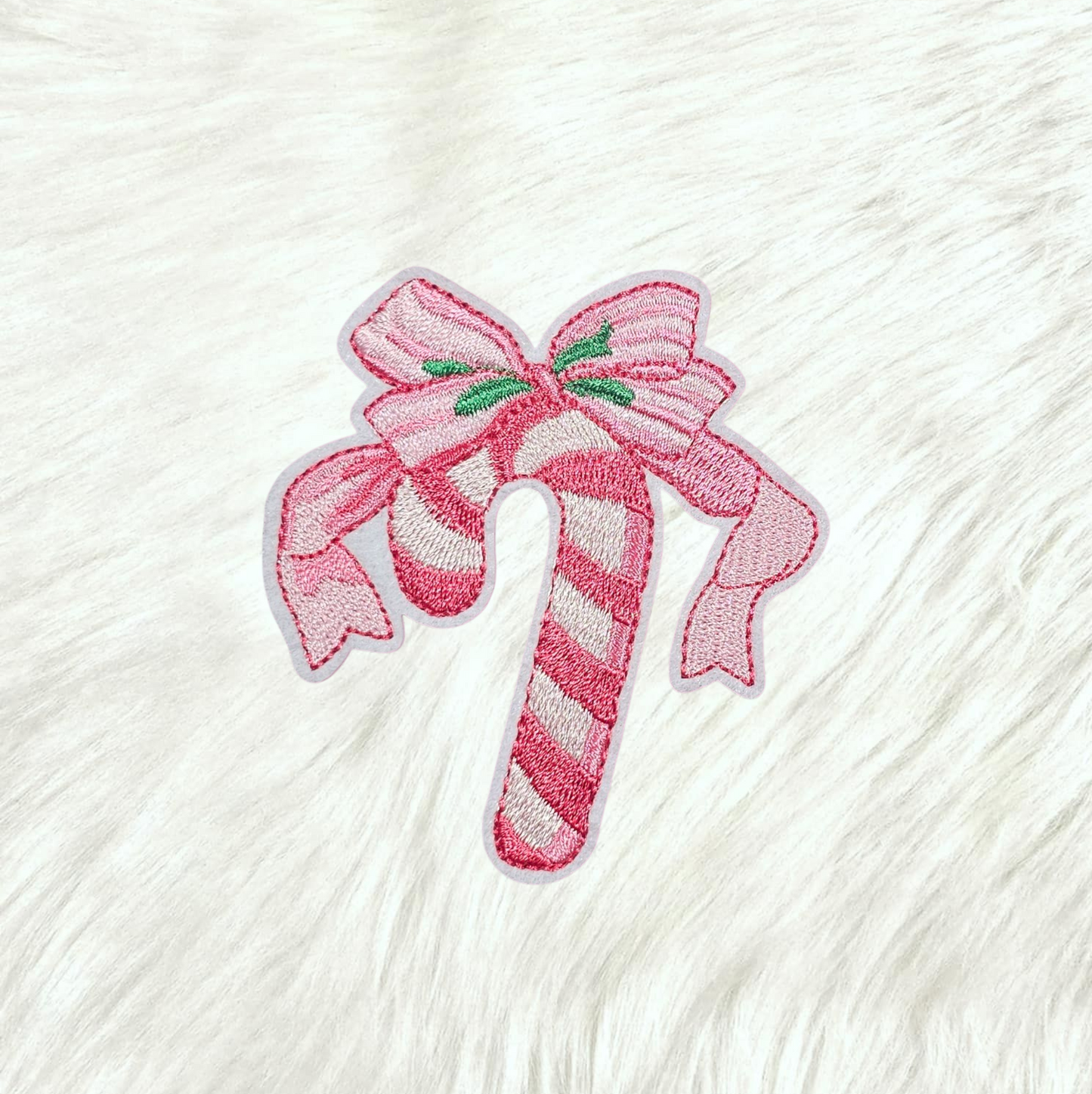 Candy Cane Pink Bow and Mistletoe Embroidery Iron On Patch