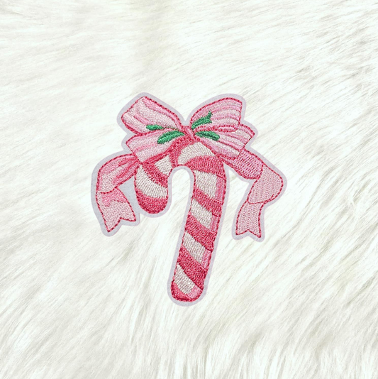Candy Cane Pink Bow and Mistletoe Embroidery Iron On Patch