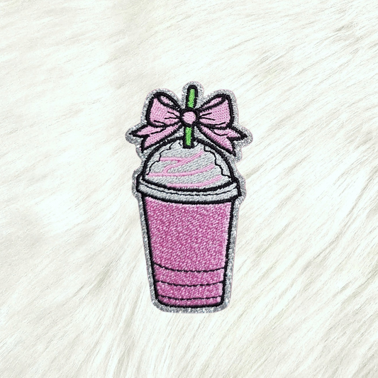 Pink Coffee Coquette Bow on Silver Glitter Iron On Patch