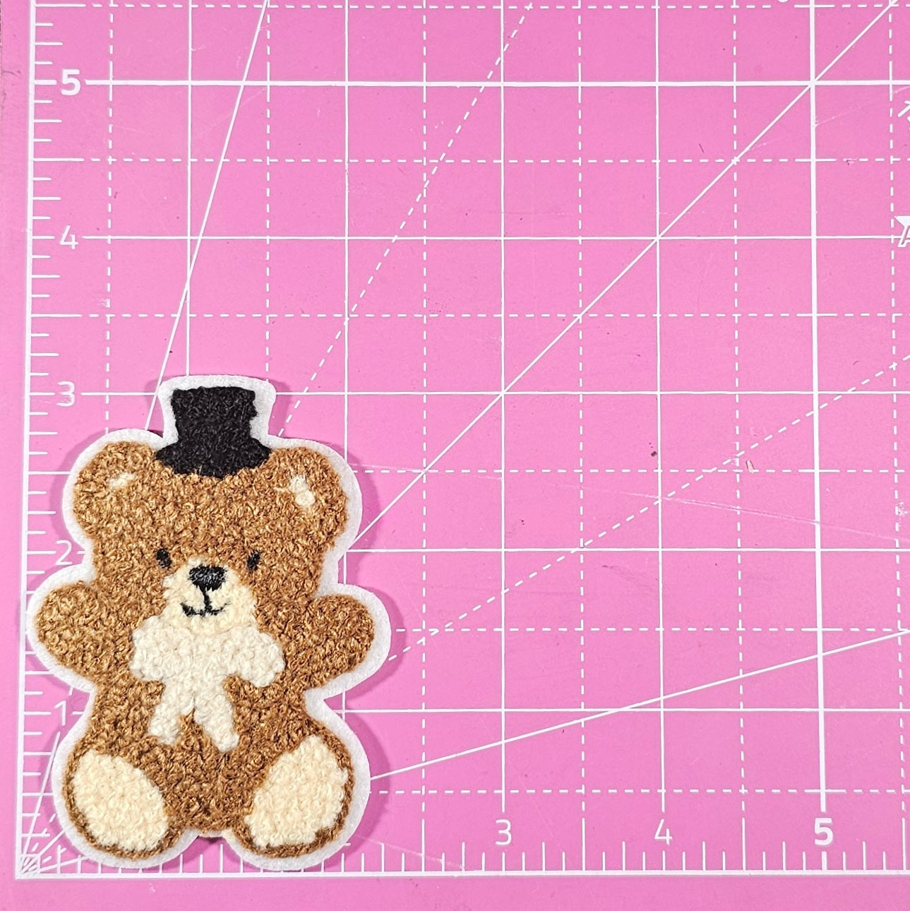 Teddy Bear with Top Hat and Cream Bow Small Chenille Iron On Patch