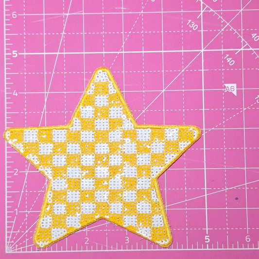 Checkered Star Yellow and White Sequin Iron On Patch
