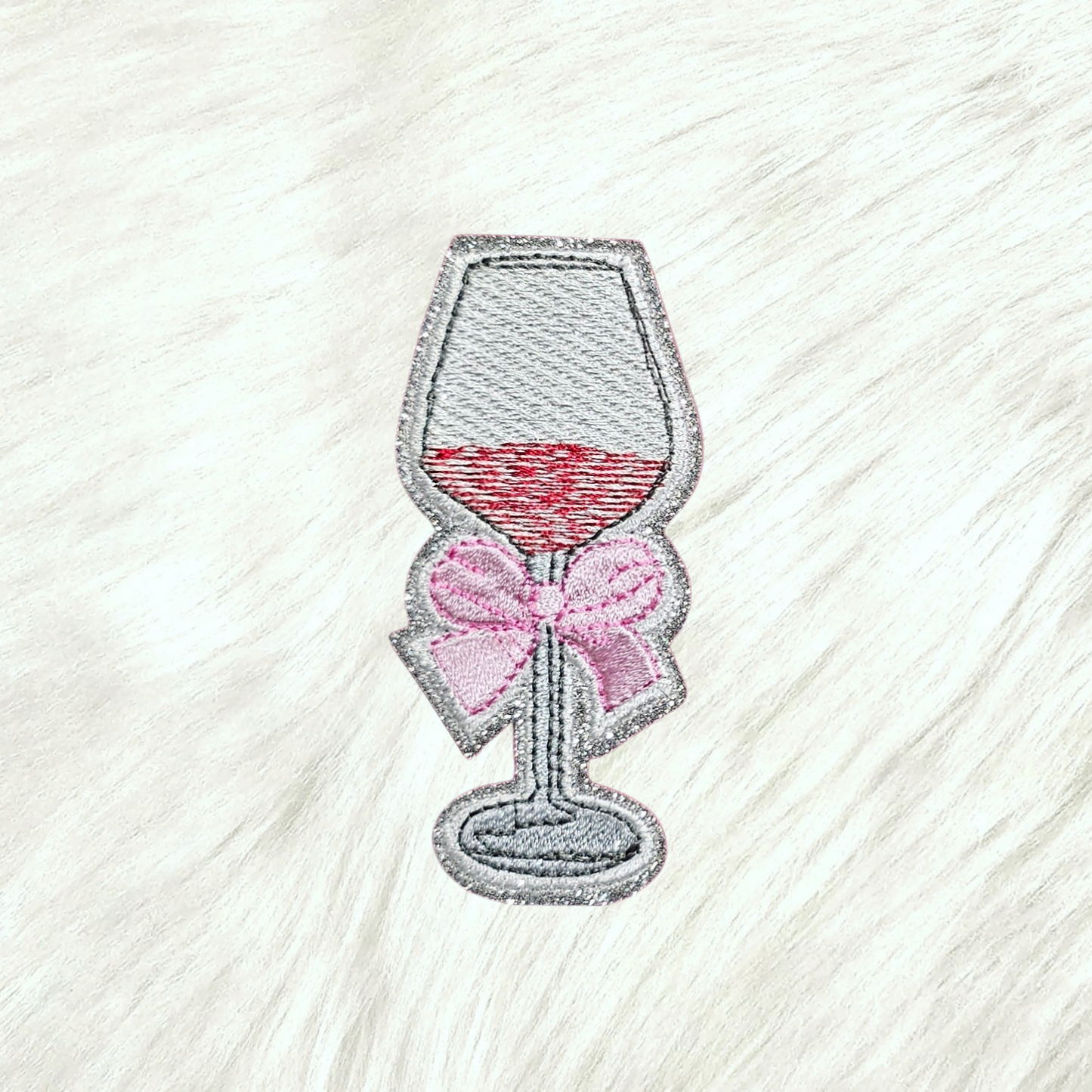 Wine Glass Pink Coquette Bow on Silver Glitter Iron On Patch