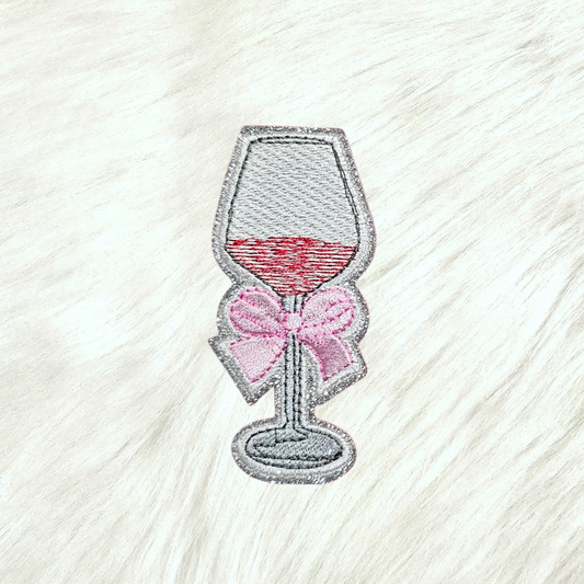 Wine Glass Pink Coquette Bow on Silver Glitter Iron On Patch