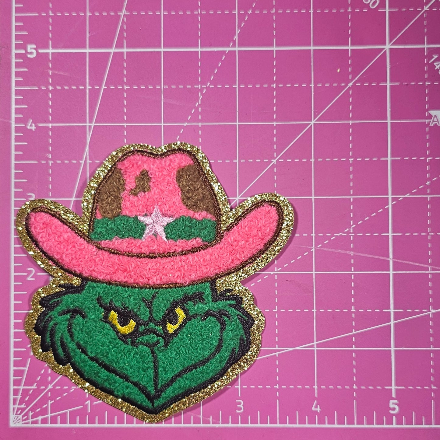 Grinchy Rodeo Western Pink Hat Chenille Embroidery Iron On Patch
