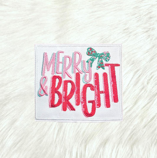 Merry and Bright Christmas Bow Embroidery Iron On Patch