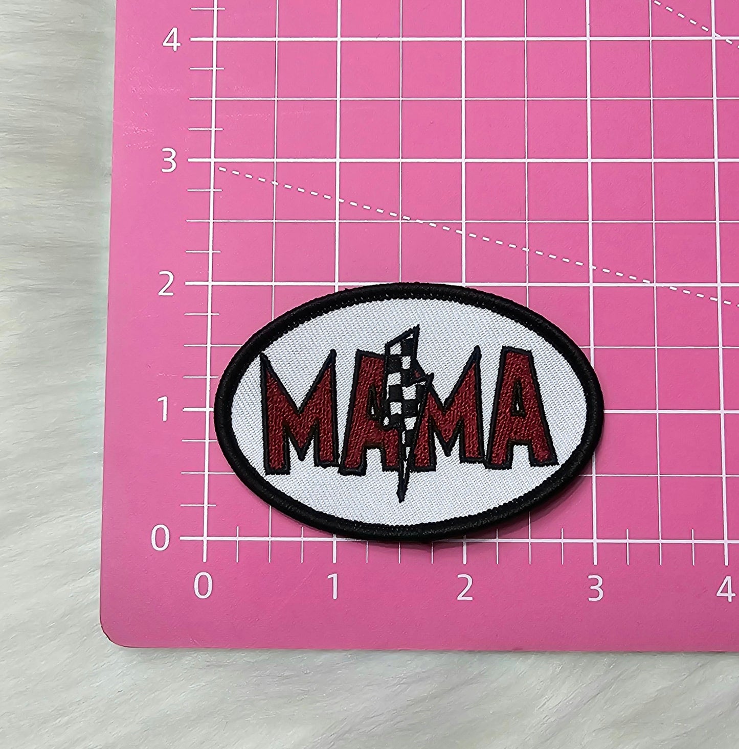 'MAMA' Maroon Checkered Lighting Embroidery Iron On Patch