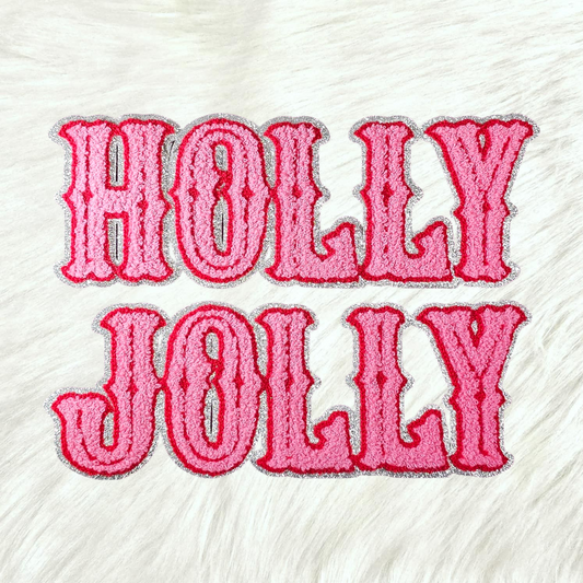 Holly Jolly Chenille on Silver Glitter Large Iron-on Patch
