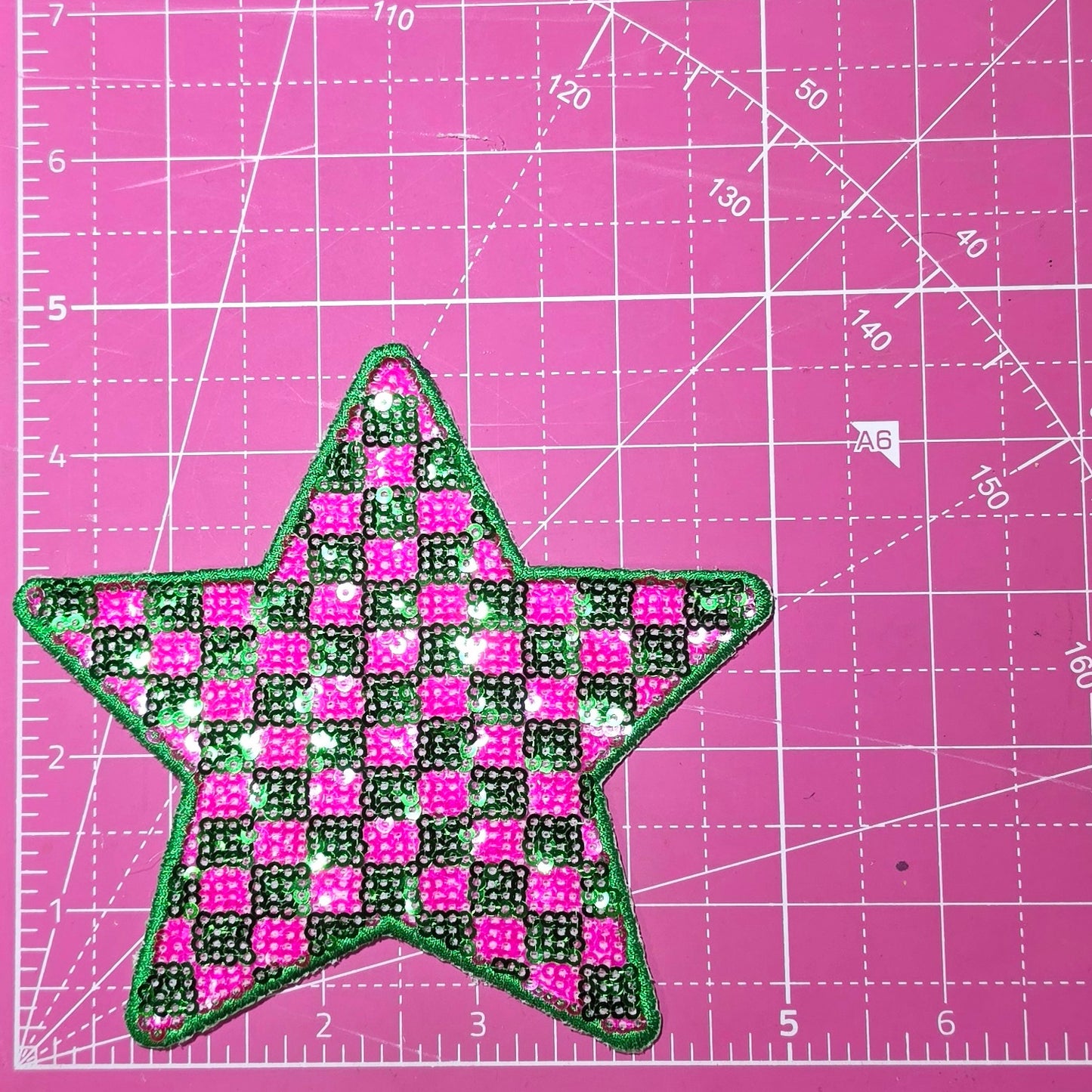 Checkered Star Green and Pink Sequin Iron On Patch