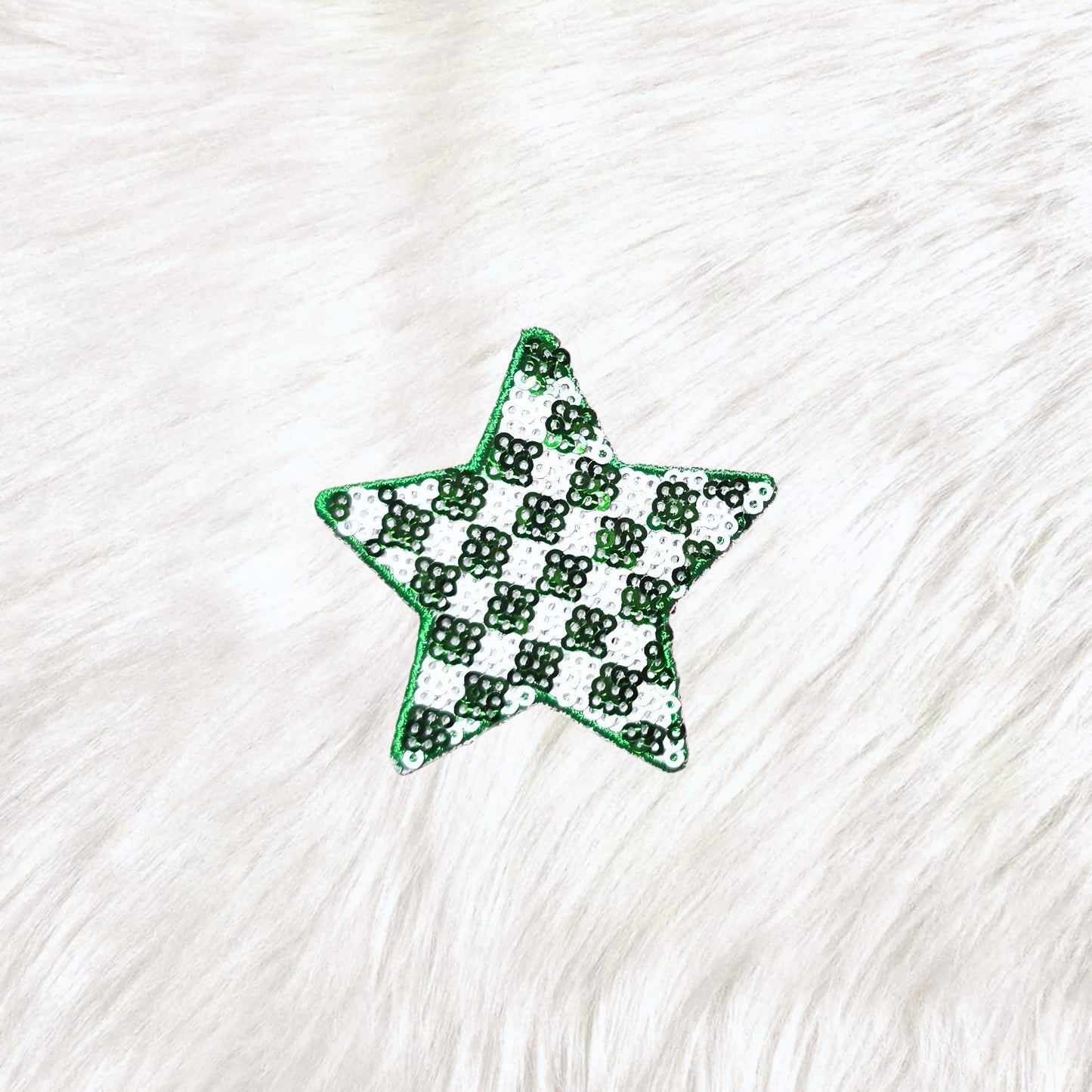 Checkered Star Small Green White Sequin Iron On Patch