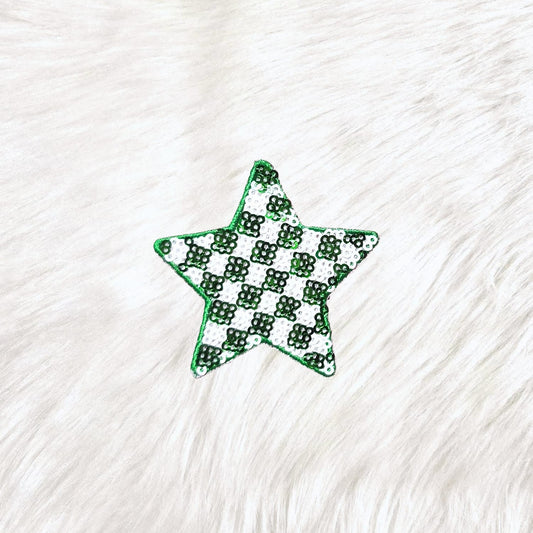 Checkered Star Small Green White Sequin Iron On Patch