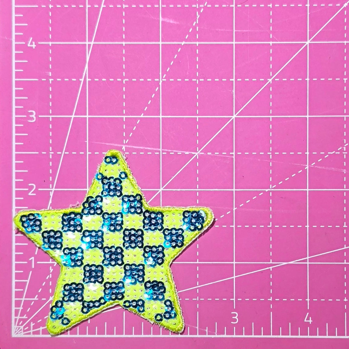 Checkered Star Small Green Blue Sequin Iron On Patch