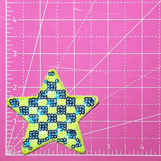 Checkered Star Small Green Blue Sequin Iron On Patch