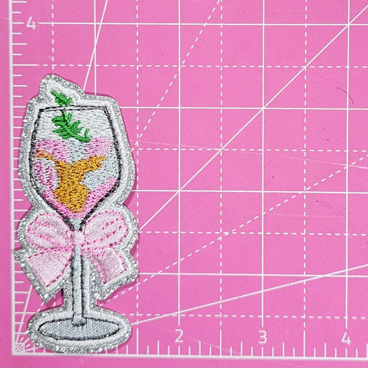 Wine Spritzer Pink Coquette Bow on Silver Glitter Iron On Patch
