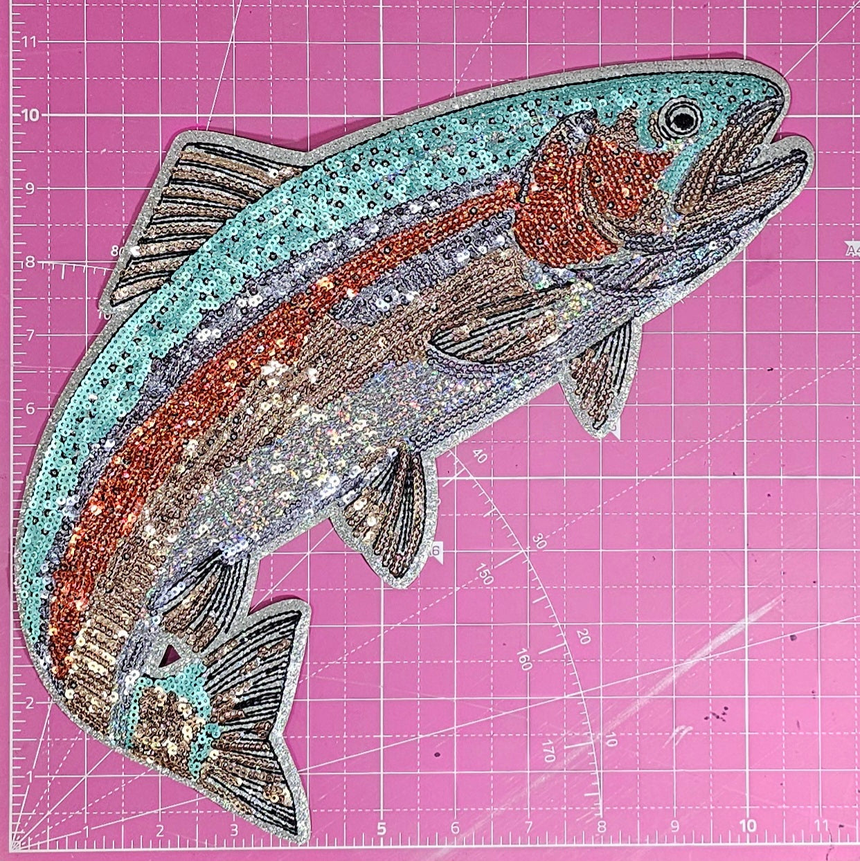 Trout Speckled Rainbow Fishing Sequin Glitter Large Iron-on Patch