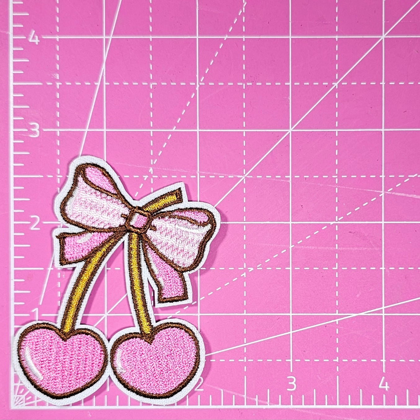 Cherry Hearts Pink Coquette Bow Embroidery On Patch