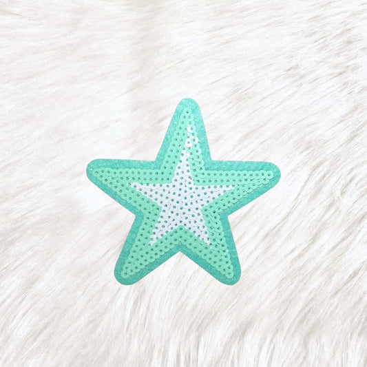 Outline Star Minty Green and White Sequin Iron On Patch