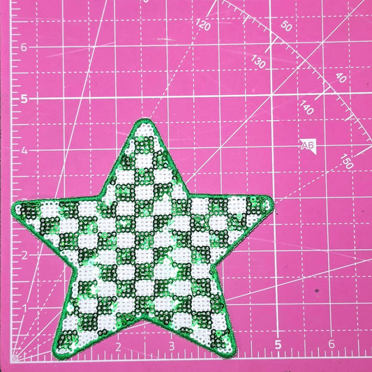 Checkered Star Green and White Sequin Iron On Patch