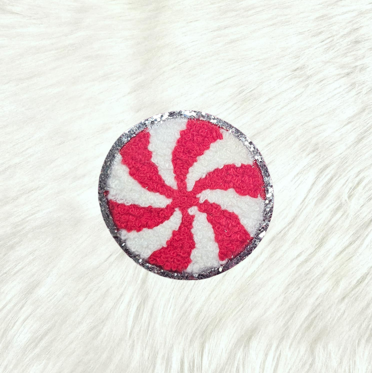 Peppermint Christmas Candy Chenille Silver Glitter Iron On Patch