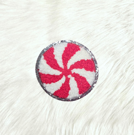 Peppermint Christmas Candy Chenille Silver Glitter Iron On Patch