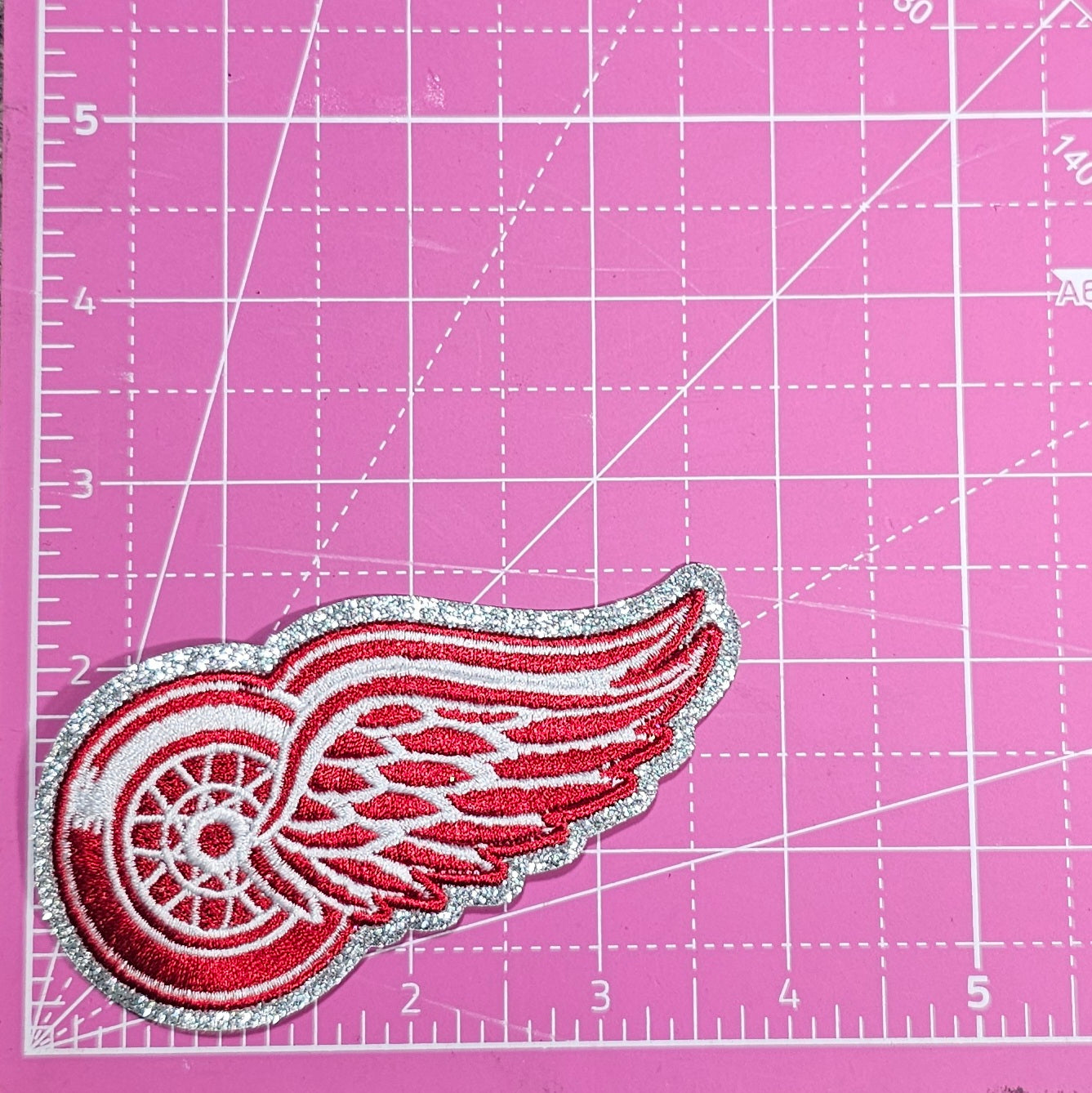 Red Wing Wheel Detroit Sequin with Silver Glitter Small Iron On Patch
