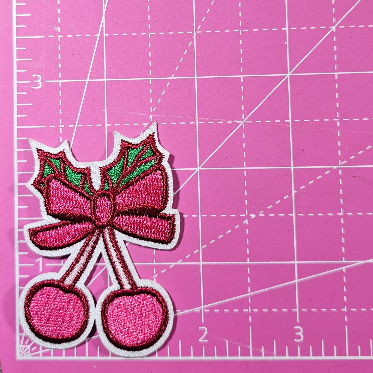 Pink Cherry Mistletoe Bow Christmas Embroidery Iron On Patch