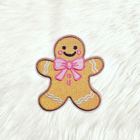 Gingerbread Man with Pink Bow Embroidery Iron On Patch