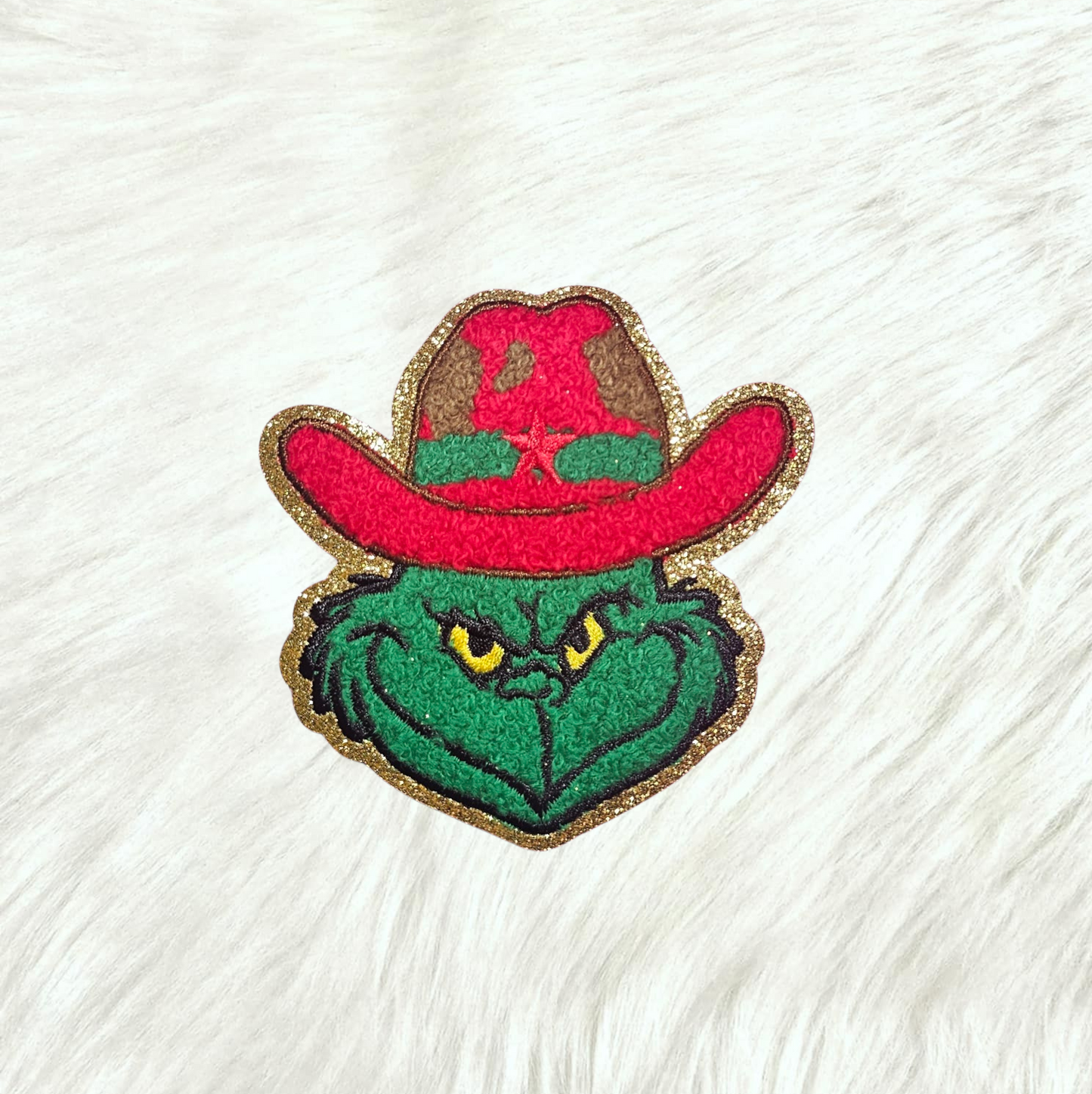 Grinchy Rodeo Western Red Hat Chenille Embrioidery Iron On Patch