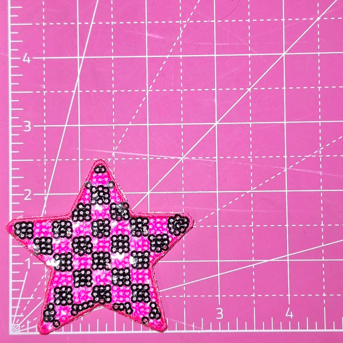 Checkered Star Small Pink Black Sequin Iron On Patch