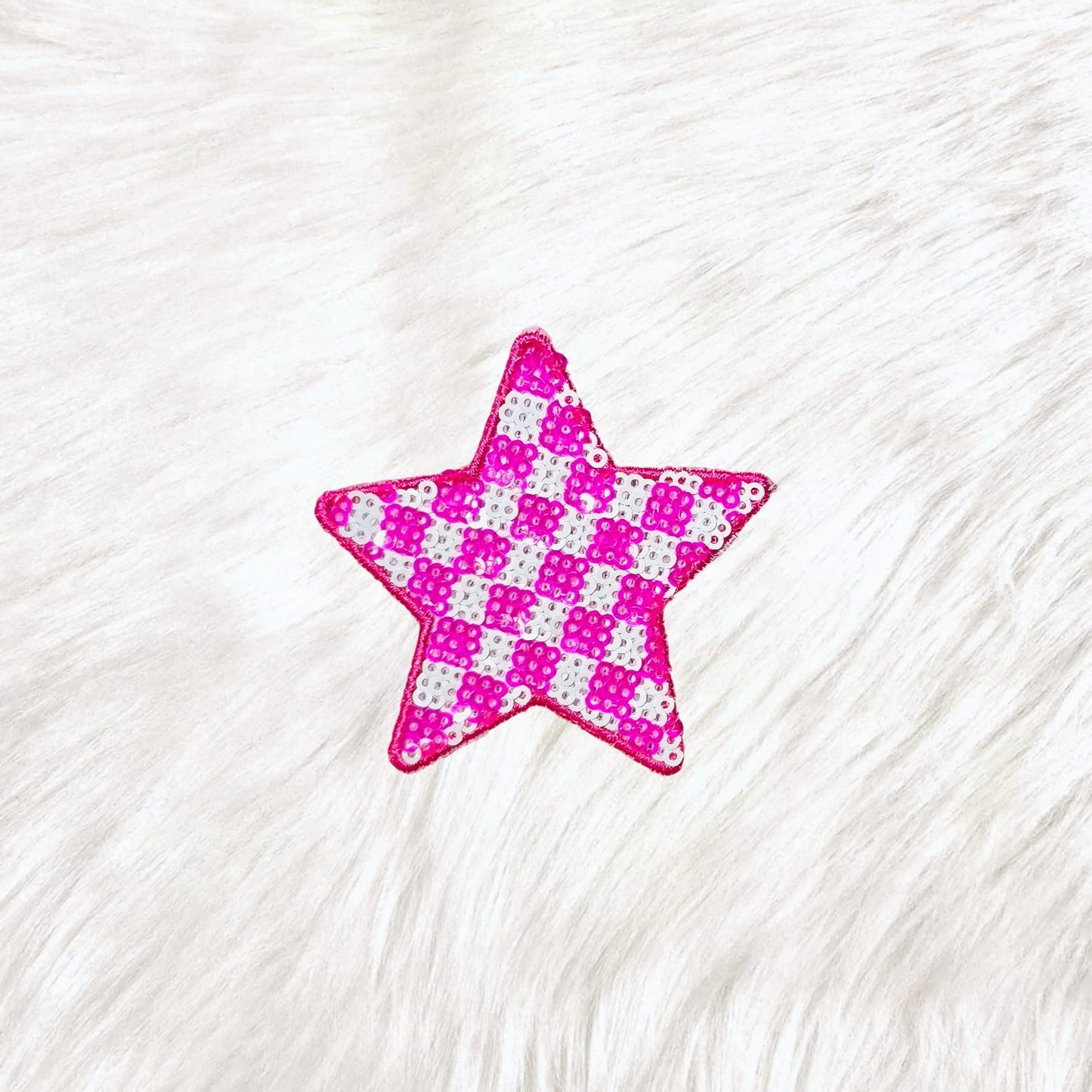 Checkered Star Small Pink White Sequin Iron On Patch