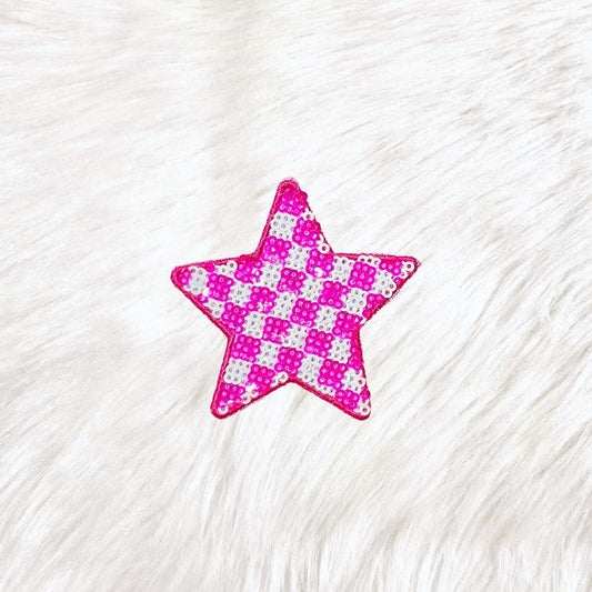 Checkered Star Small Pink White Sequin Iron On Patch