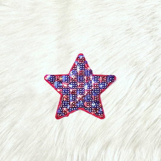 Checkered Star Small Red Blue Sequin Iron On Patch