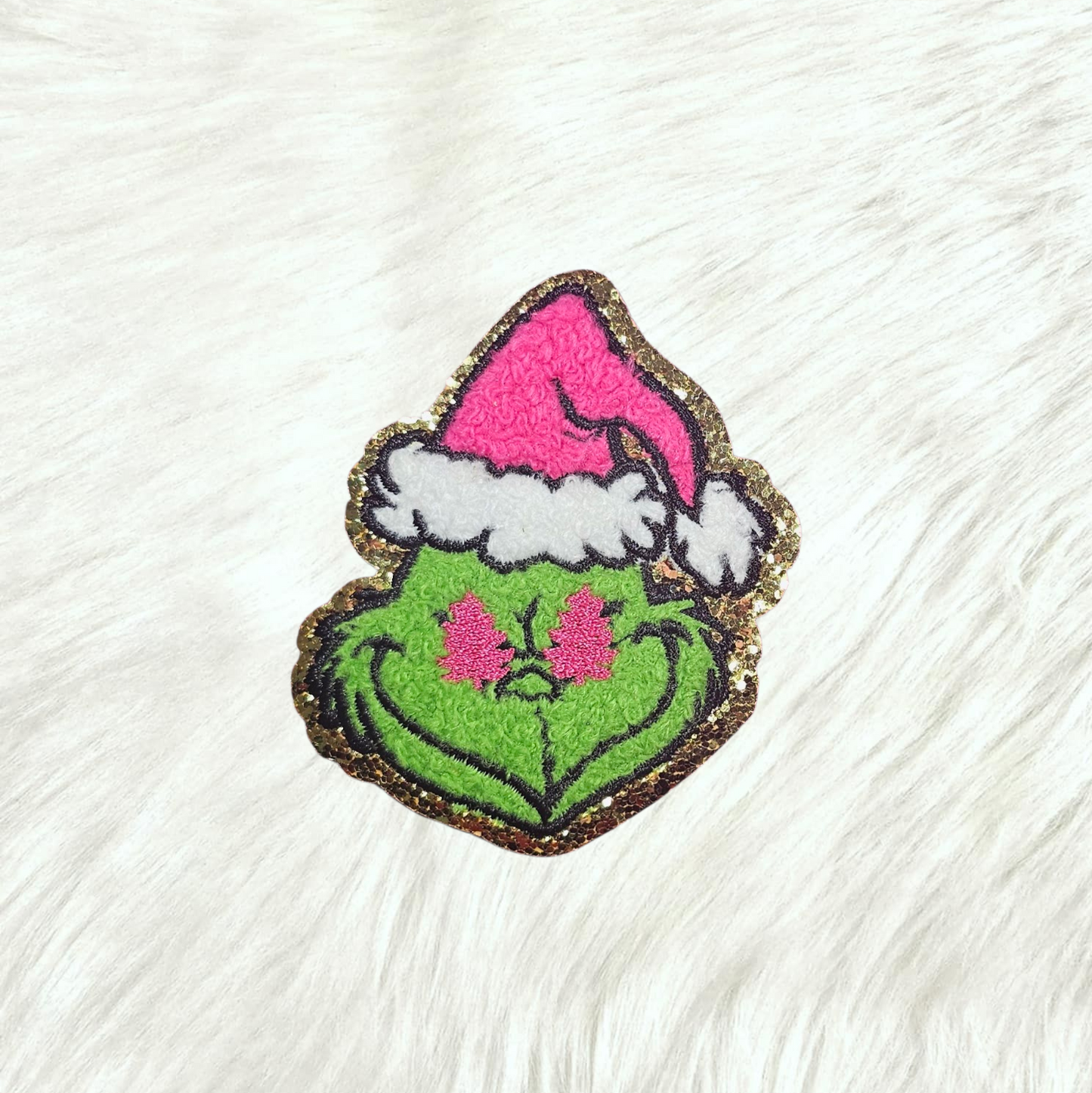 Grinchy Tree Eyes Pink Hat Chenille Embroidery Iron On Patch