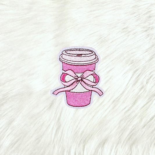 Pink Coffee with Bow Embroidery Iron On Patch